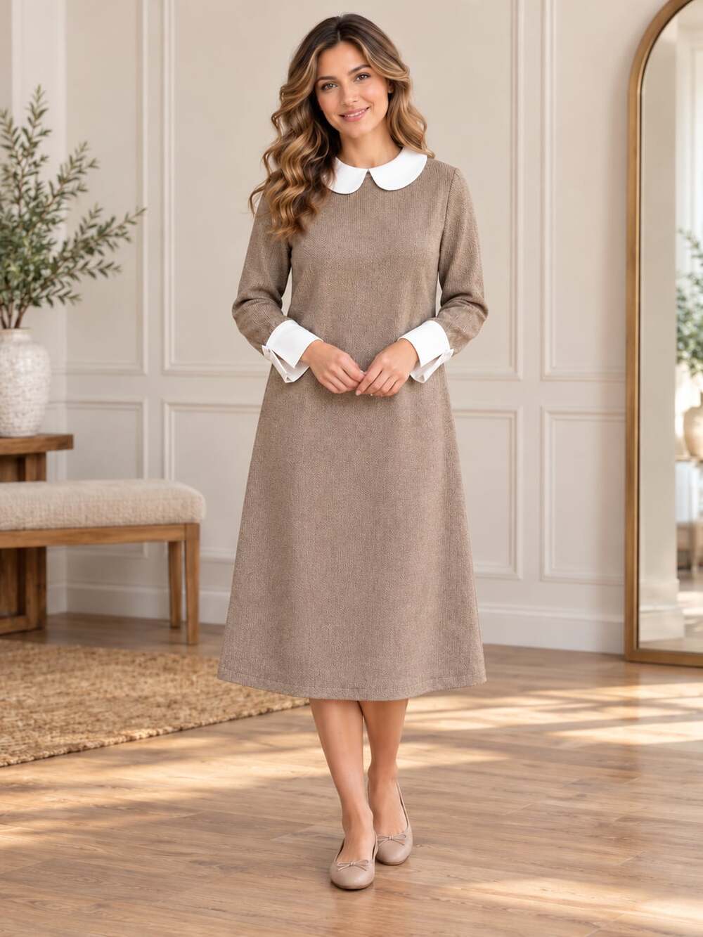 Sweet Salt Wednesday Dress Tan Tweed Peter Pan Collar Wool Blend M